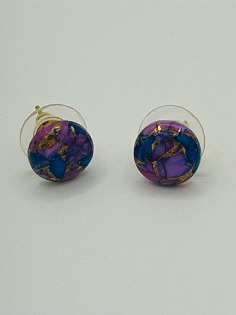 Purple & Blue Round Stud Earrings with Gold Veining - Women's Jewelry